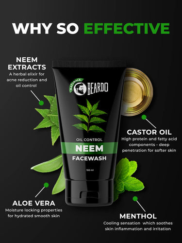 Beardo Purifying Neem Face Wash for Oil Control, 100ml (Pack of 2) | Soothes & Heals | Daily facewash for men | Gentle cleansing for oily-acne-prone skin